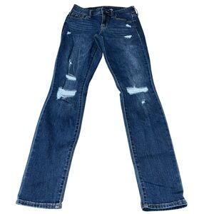 Navy Women’s Size 0 Mid Rise Power Slim Straight Jeans Distressed Blue Denim